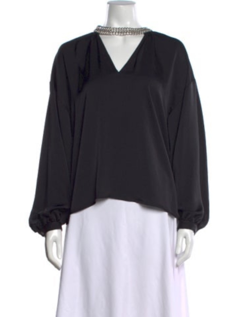 Ramy Brook Black Silver Chain Choker V Neck Long Sleeve Blouse M